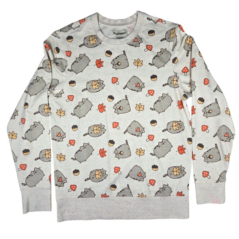 Pusheen Womens XS Sweatshirt Gray Autumn Fall Mushroom Acorn All Over Print - Picture 2 of 10